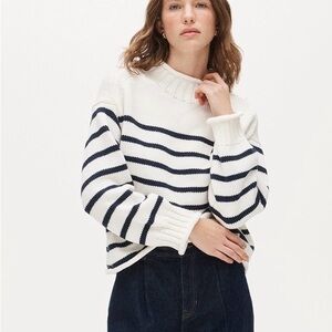 Jcrew Rollneck Cotton Striped White and Navy Women's Sweater